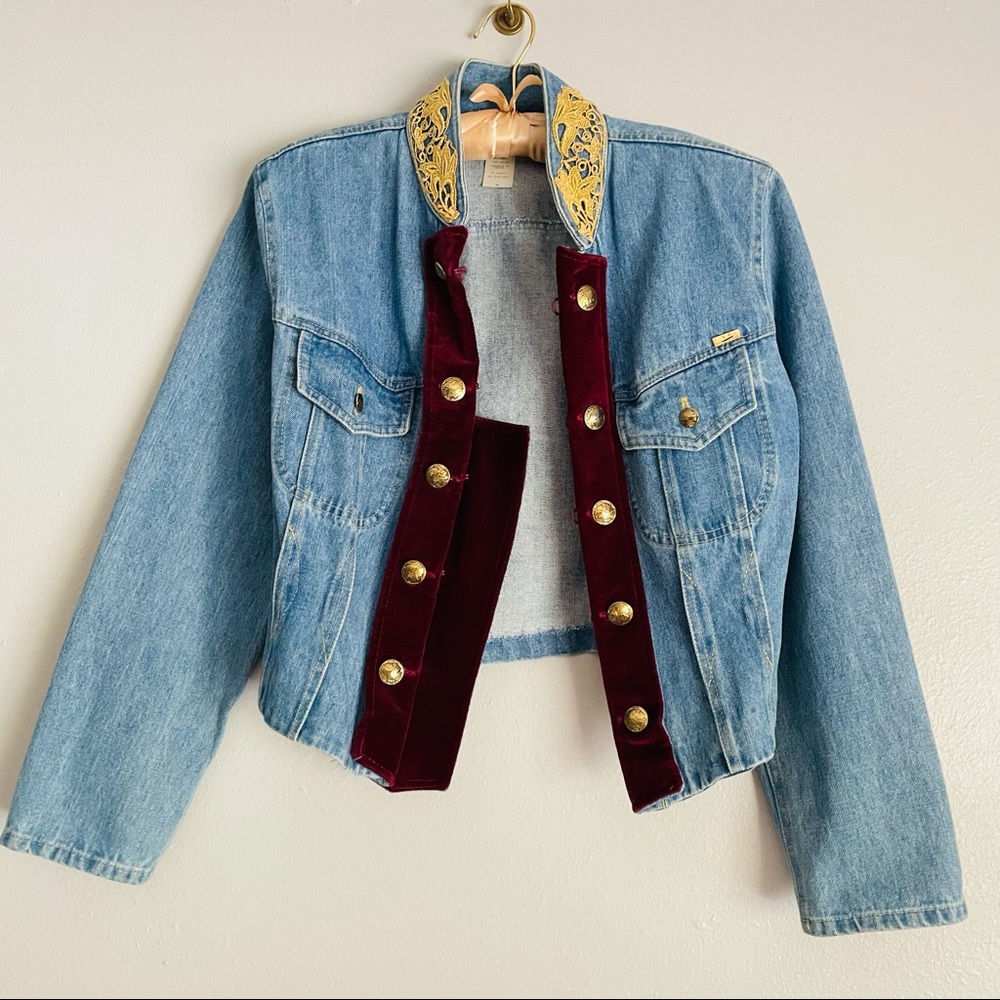 Caché vintage 80s double breasted coin button jean jacket with velvet placket